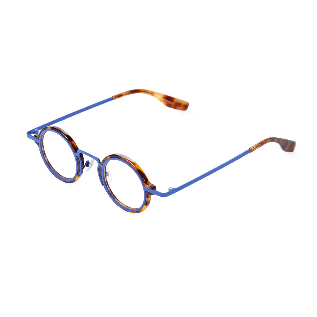 Angle view of Kyire vintage round acetate eyeglasses in blue tortoise. SPU: RA0302402