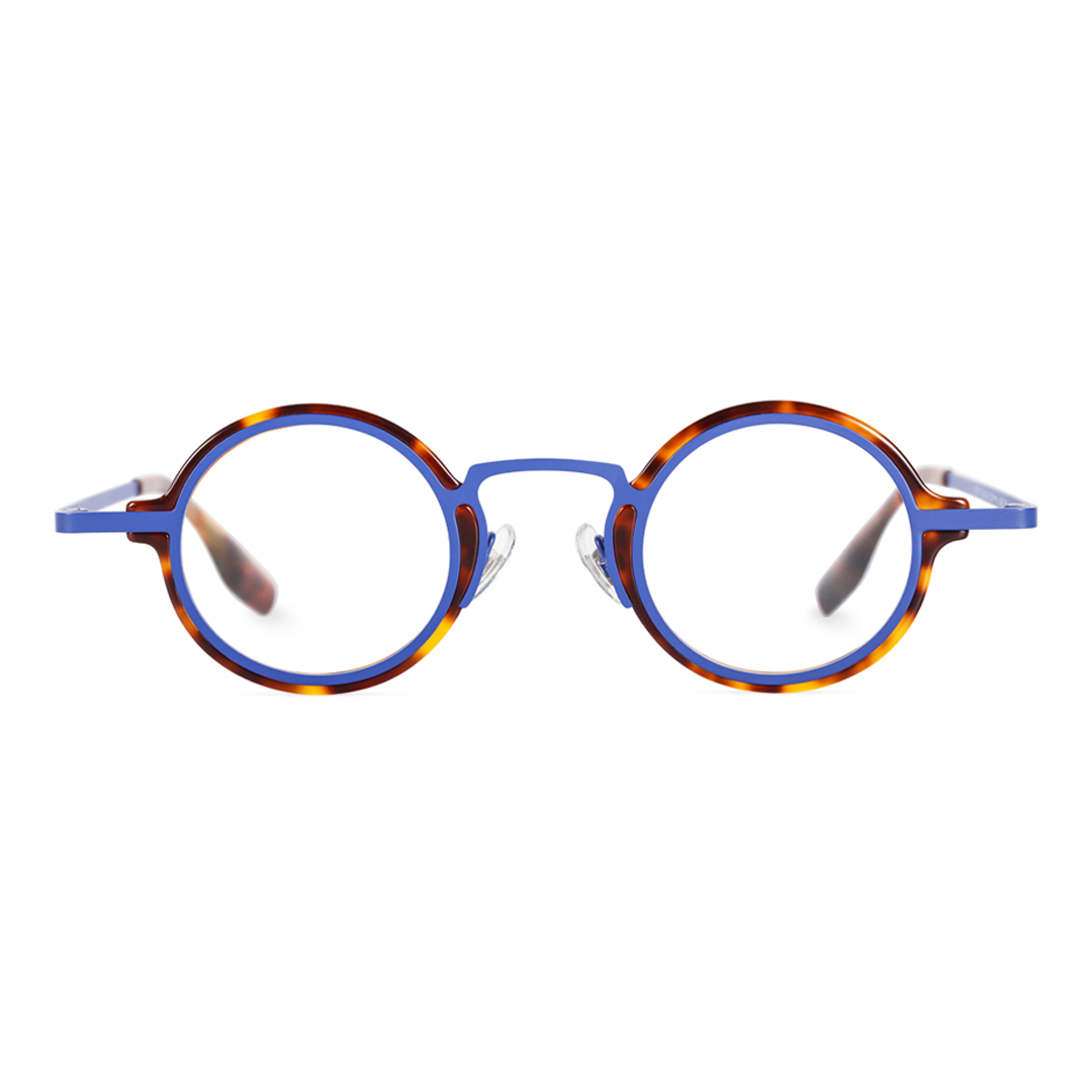Front view of Kyire vintage round acetate eyeglasses RA0302402 in blue tortoise