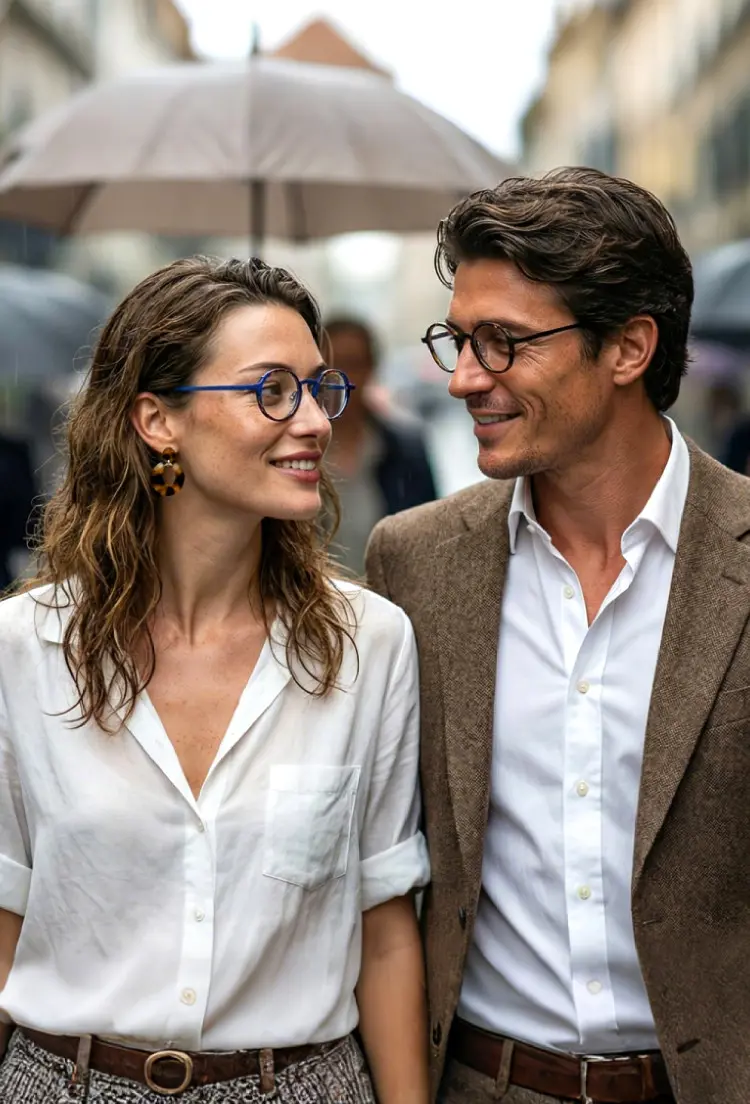 Couple model wearing vintage tortoise round acetate eyeglasses on a rainy European city street. SPU: RA0302402