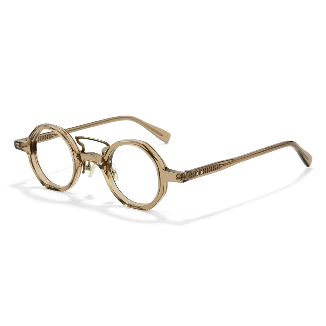 Angle view of Save vintage round acetate eyeglasses in gold. SPU: RA0302411