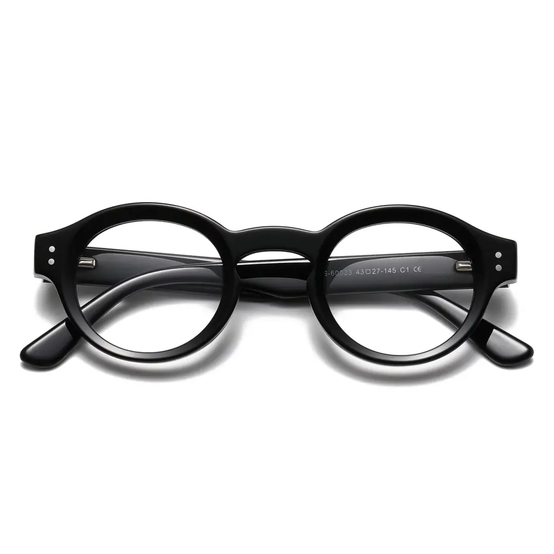 Front folded view of Efia vintage round acetate eyeglasses RA0302504 in black