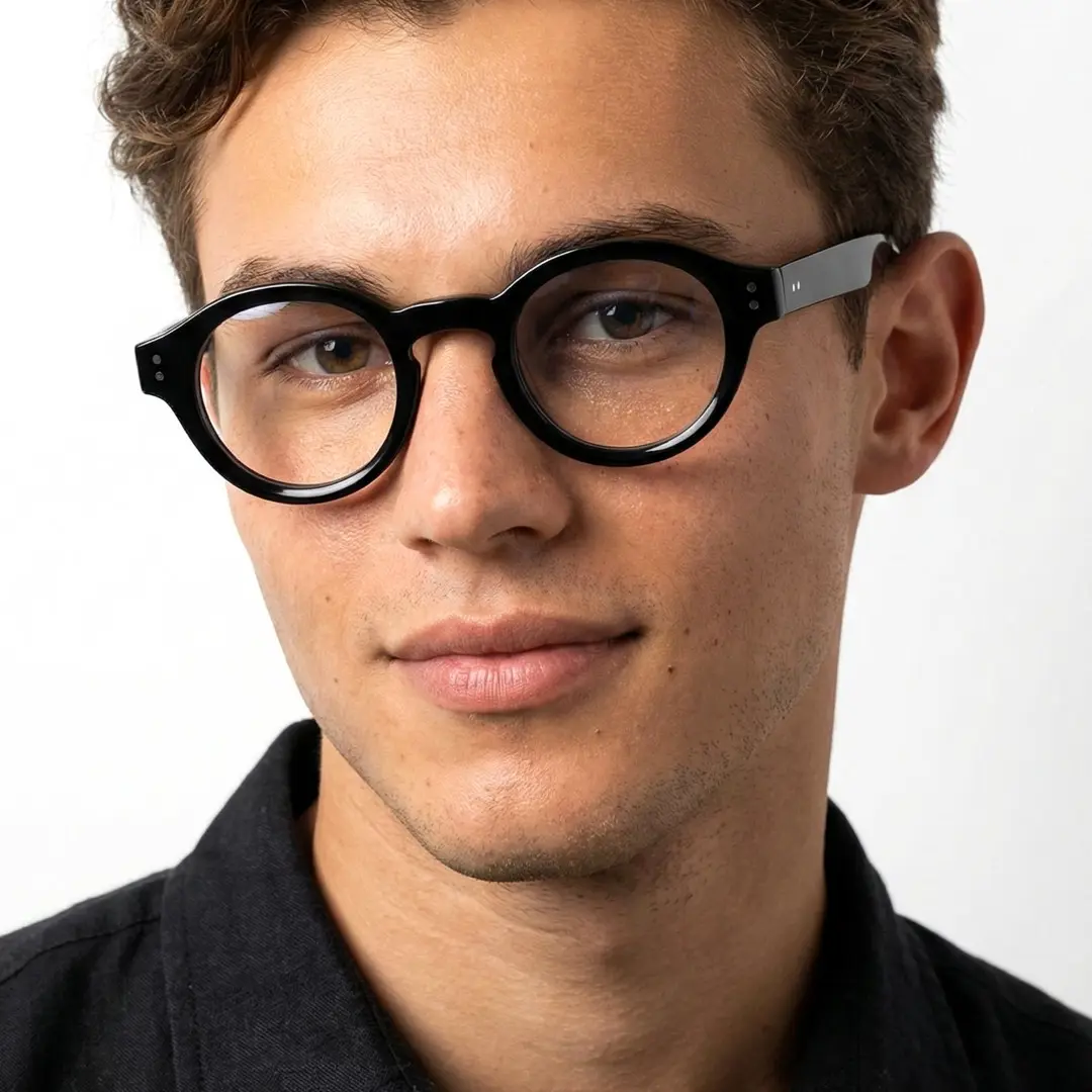 Front view of male wearing vintage black round eyeglasses, natural smile, RA0302504