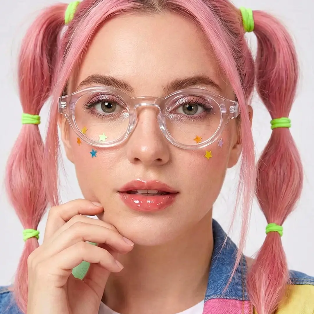 Front view of female wearing vintage clear round eyeglasses, relaxed expression, RA0302504