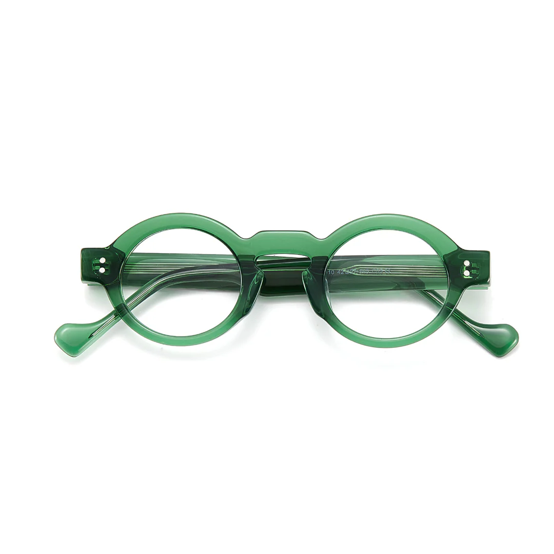 Front folded view of Efia vintage round acetate eyeglasses RA0302504 in green