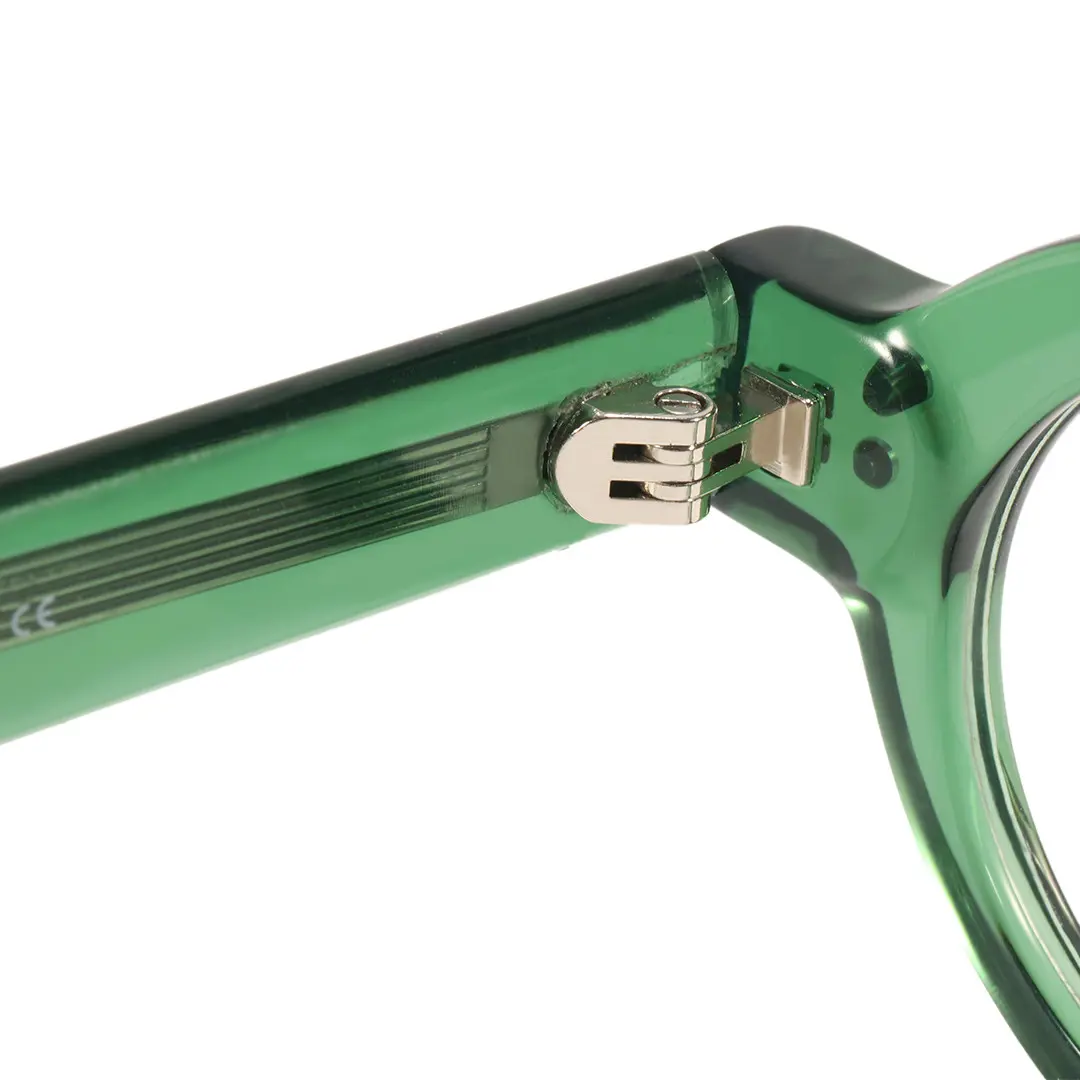 Hinge detail of Efia vintage round acetate eyeglasses RA0302504 in green