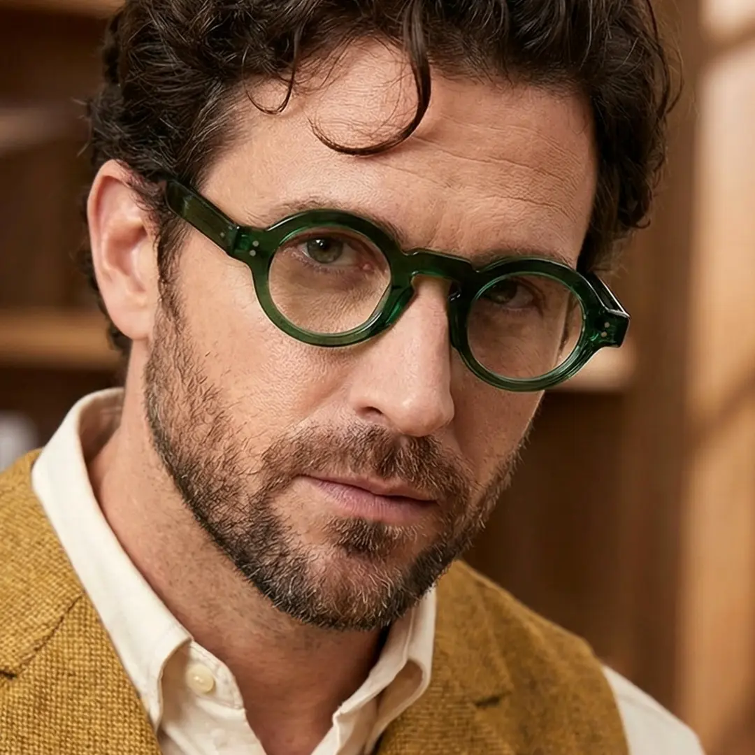Front view of male wearing vintage green round eyeglasses, calm expression, RA0302504