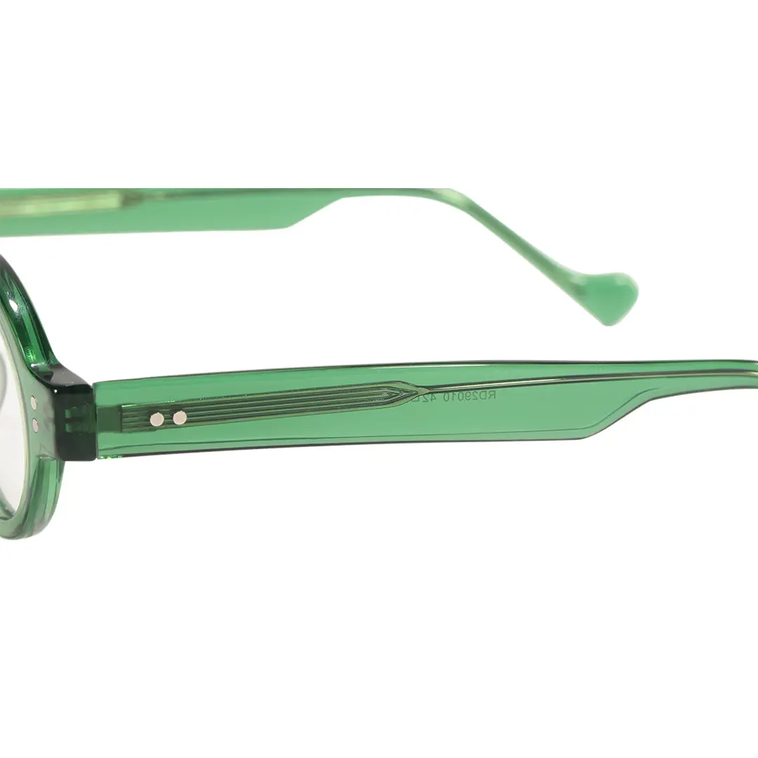 Temple detail of Efia vintage round acetate eyeglasses RA0302504 in green