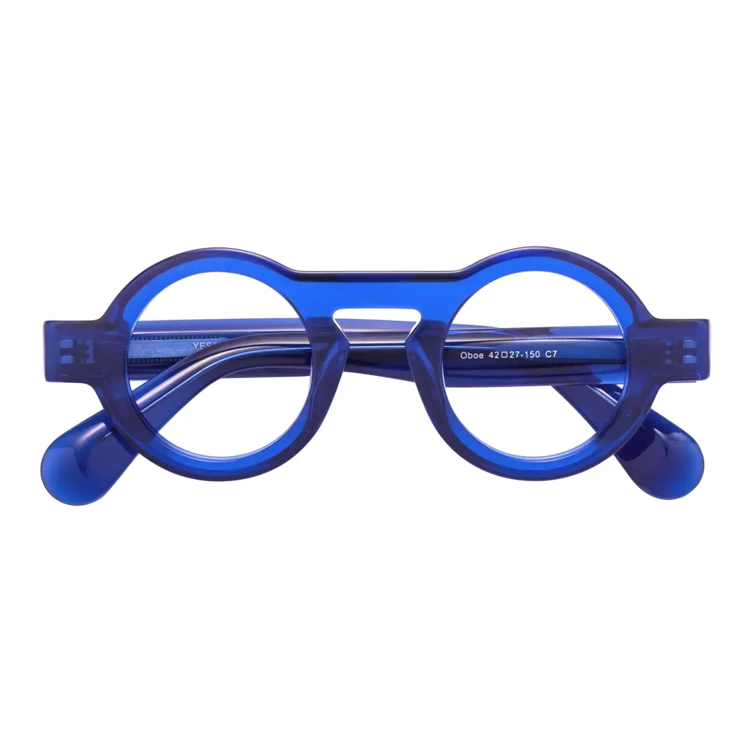 Front folded view of elana round acetate eyeglasses RA0312411 in blue