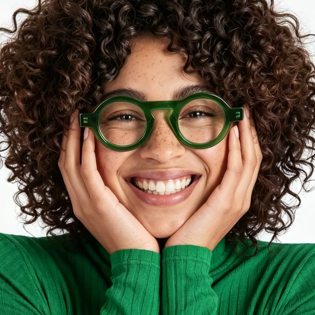 Close-up view of female wearing green round eyeglasses, hand touching face, smiling, RA0312411