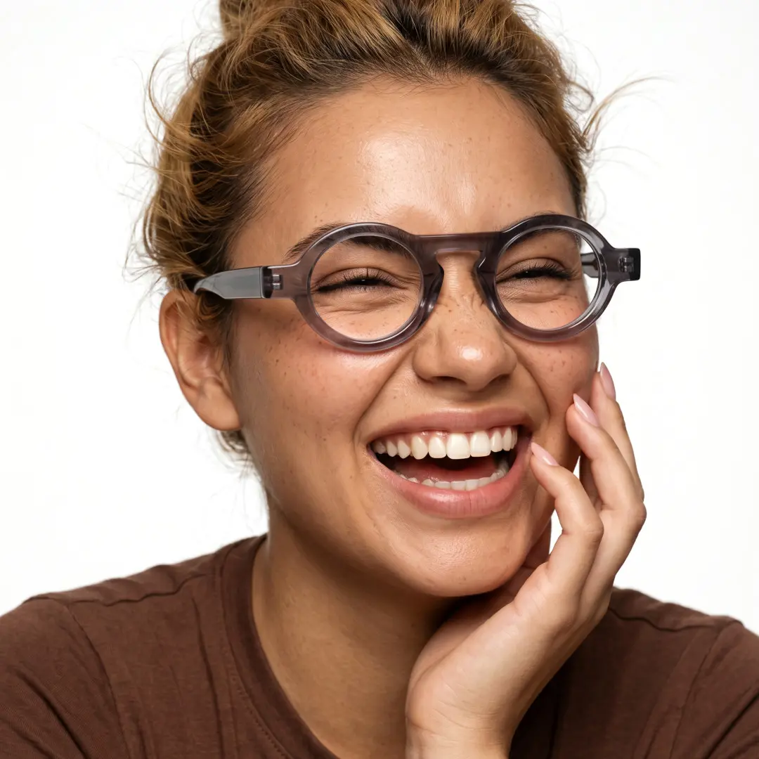 Front view of female wearing grey round eyeglasses, resting chin on hand, smiling, RA0312411