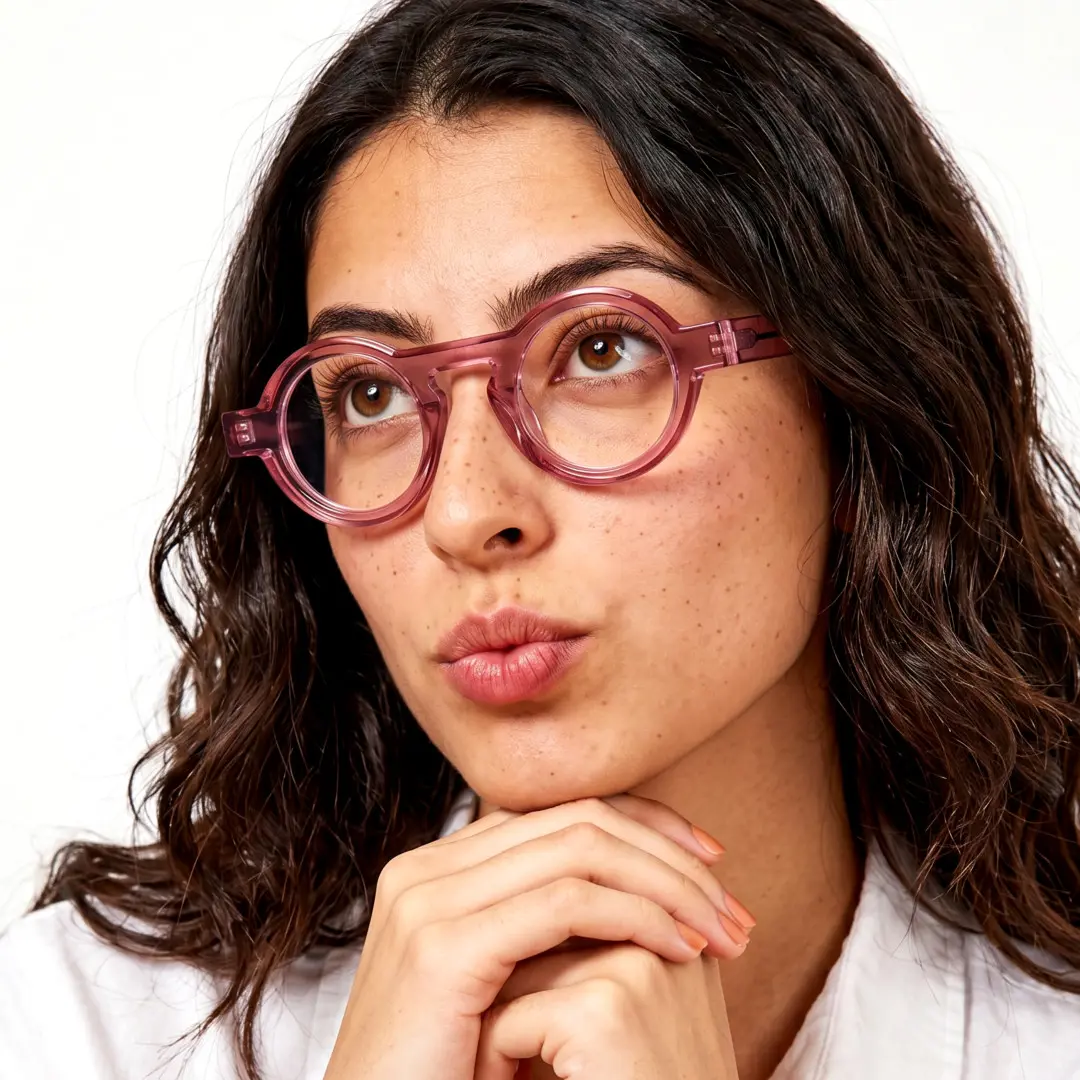 Profile view of female wearing pink round eyeglasses, resting chin on hand, neutral expression, RA0312411