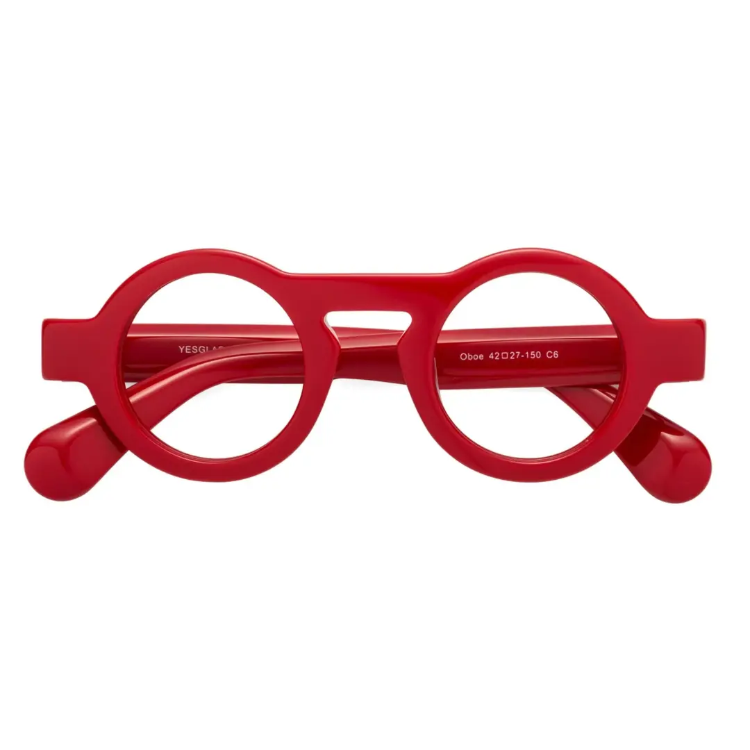 Front folded view of elana round acetate eyeglasses RA0312411 in red
