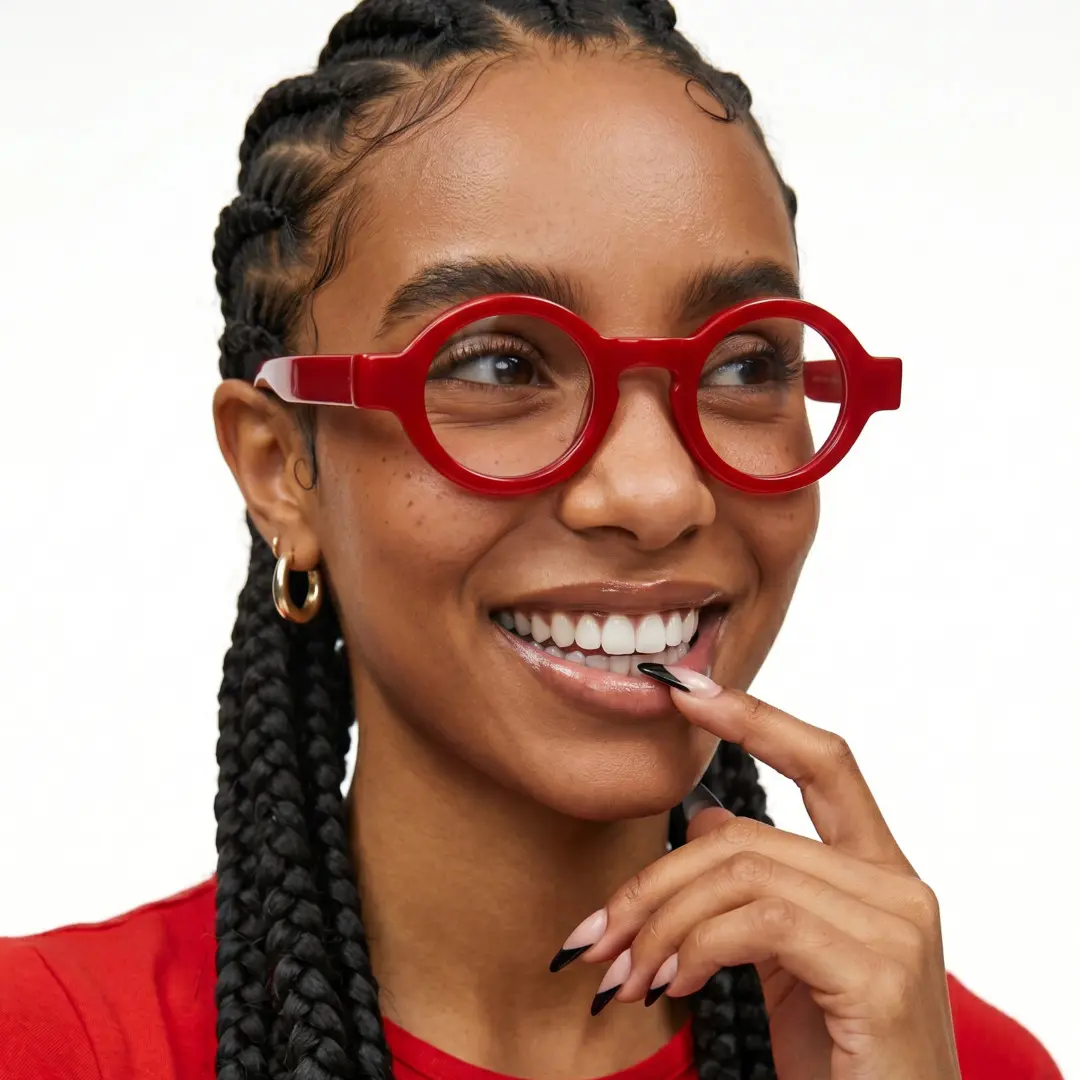 Three-quarter view of female wearing red round eyeglasses, hand touching lips, natural smile, RA0312411