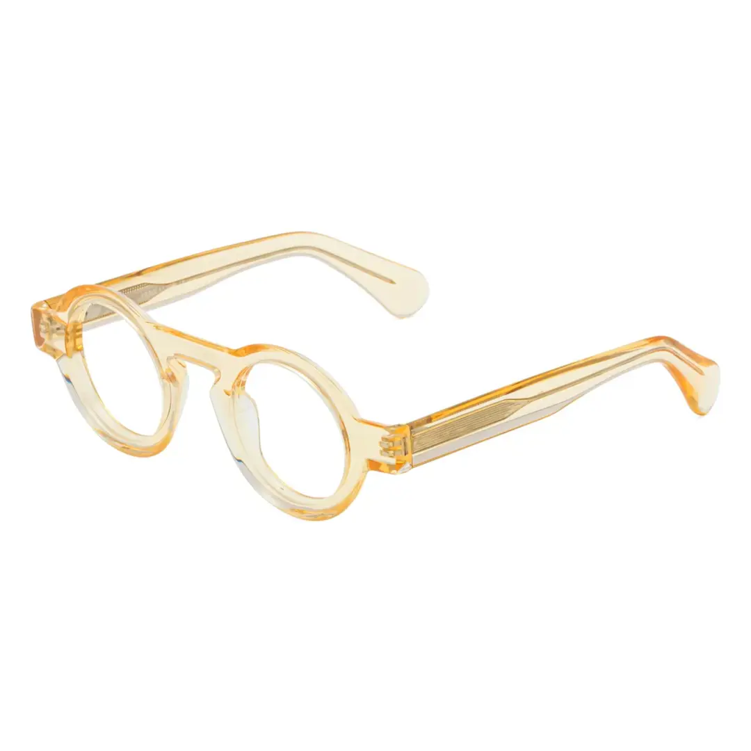 Angle view of elana round acetate eyeglasses RA0312411 in yellow