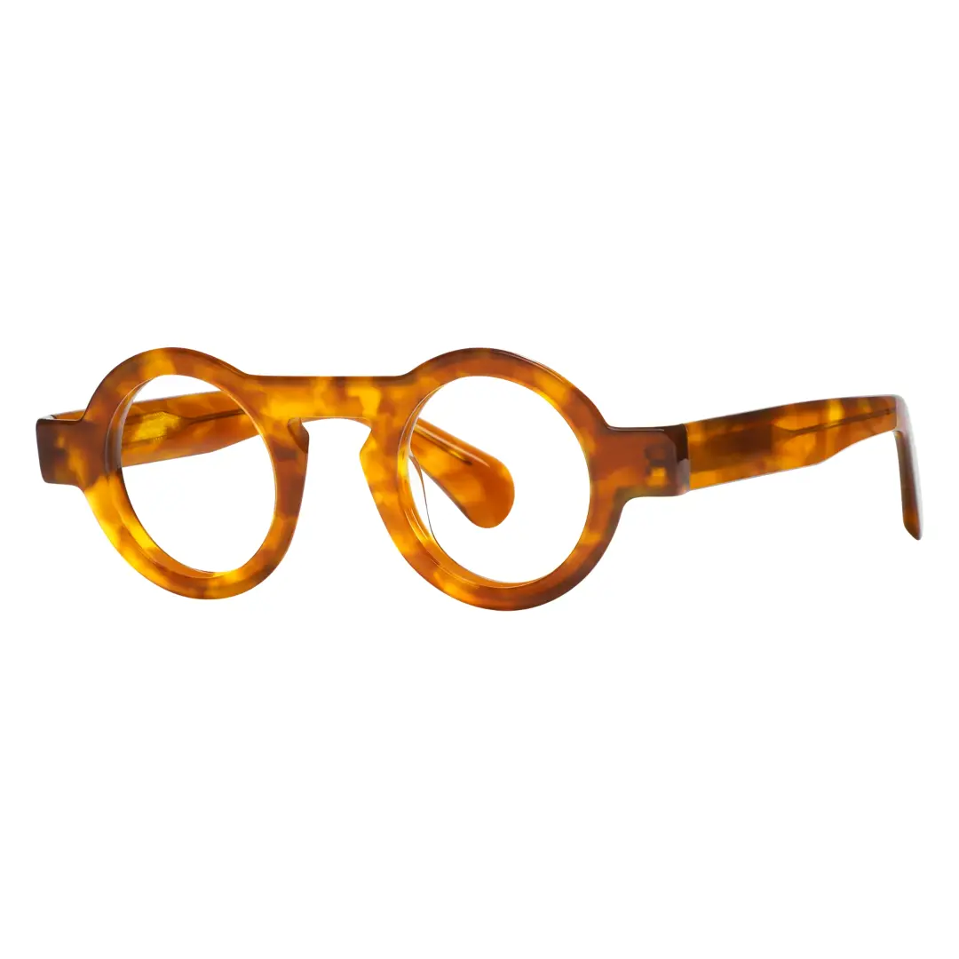 Angle view of elana round acetate eyeglasses RA0312411 in yellow tortoise
