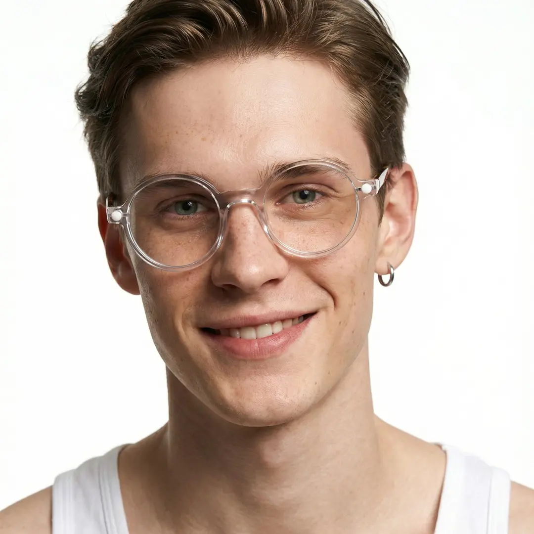 Front view of male wearing clear round eyeglasses, smiling, RA0312504