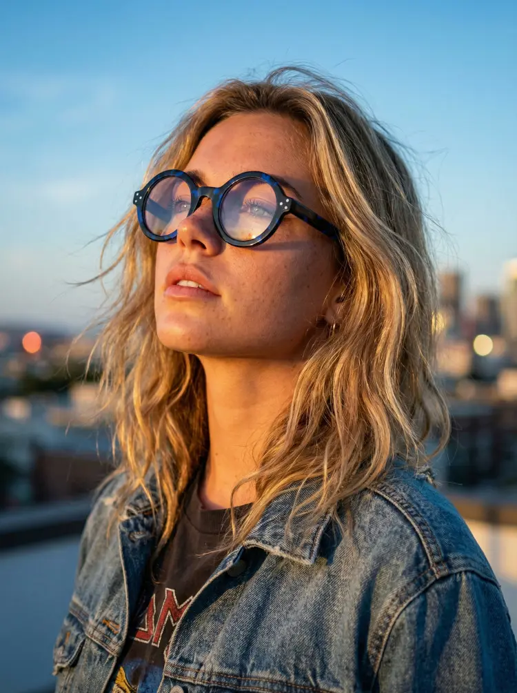 Female model wearing retro futurism blue round acetate eyeglasses on a rooftop with a city skyline at sunset. SPU: RA0322408