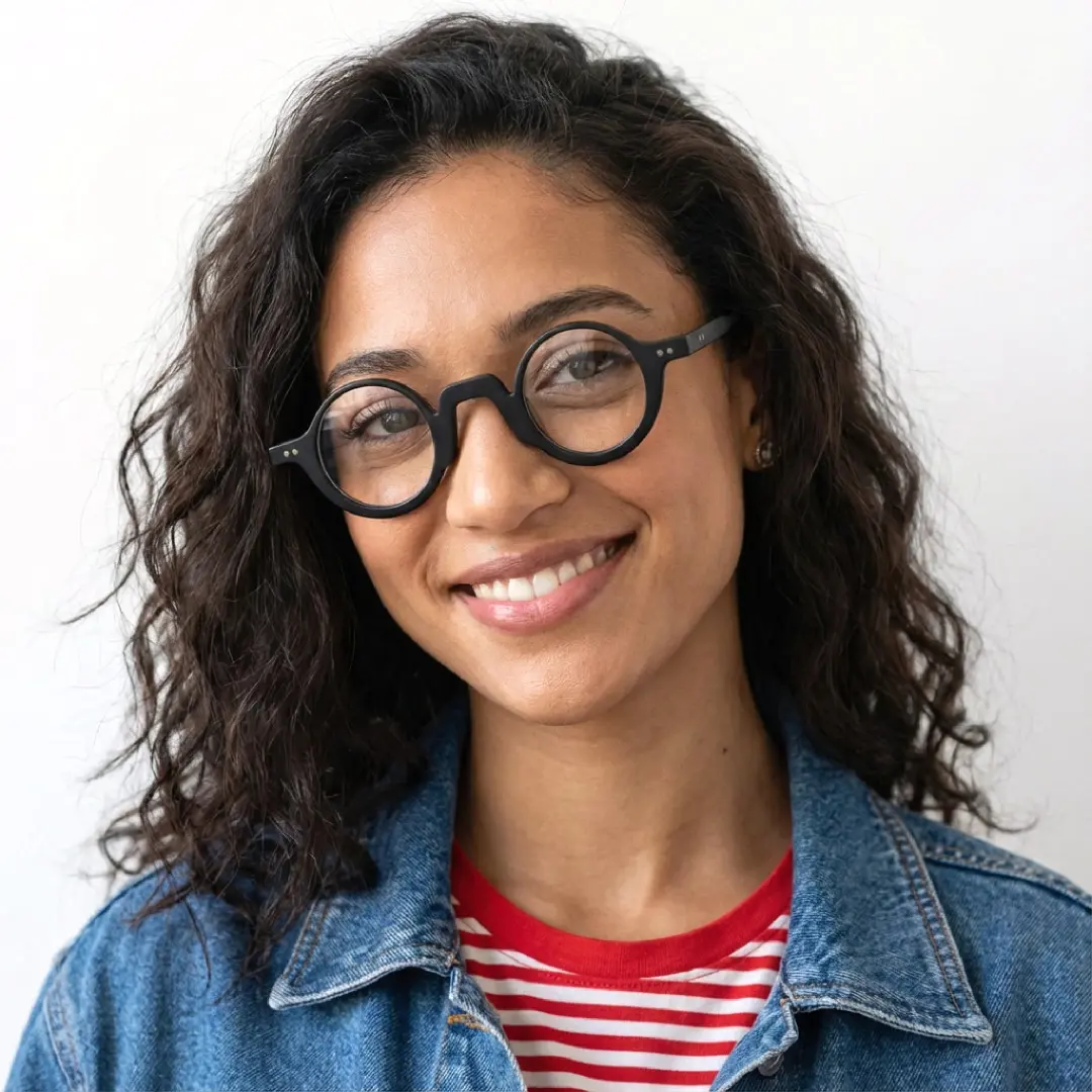 Front view of female wearing vintage black round eyeglasses, tilting head, friendly smile, RA0322504