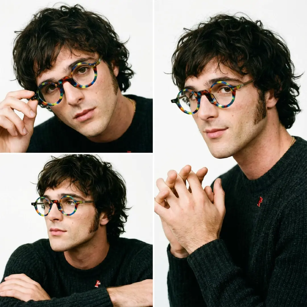 Front view of male wearing vintage multicolor round eyeglasses, natural smile, RA0322504