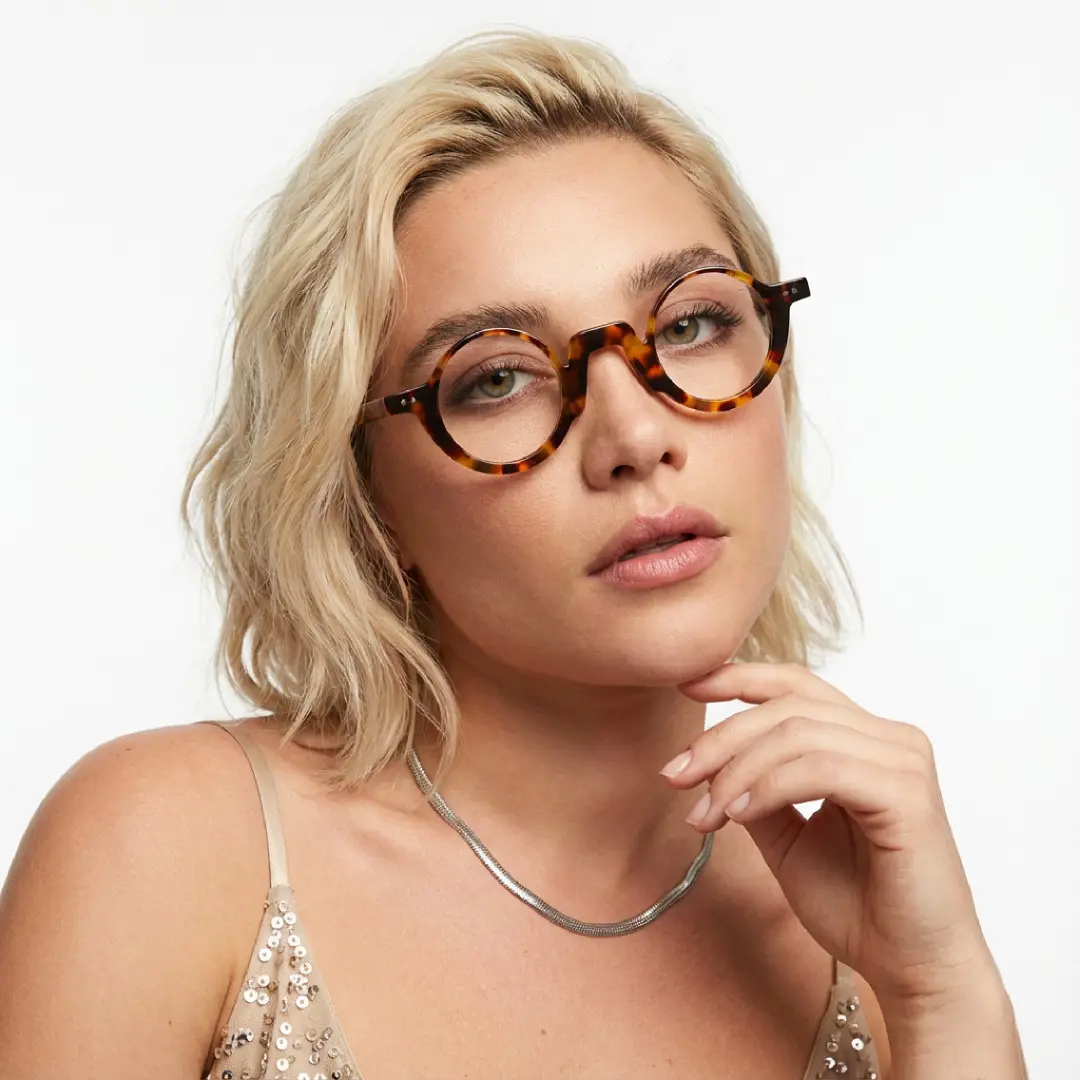 Three-quarter view of female wearing tortoise round eyeglasses, resting chin on hand, natural expression, RA0322504