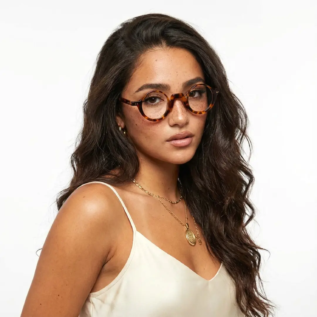 Three-quarter view of female wearing tortoise round eyeglasses, neutral expression, RA0322504