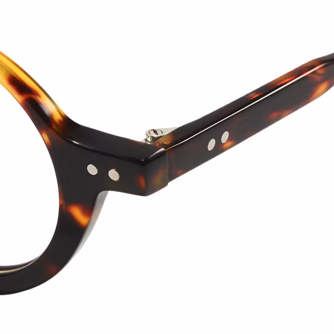 End piece detail of Dola vintage round acetate eyeglasses RA0322504 in tortoise