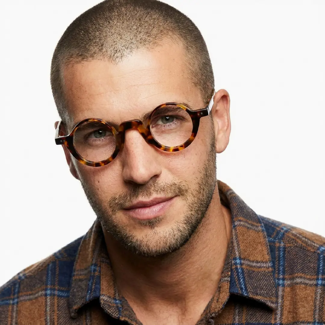 Front view of male wearing vintage tortoise round eyeglasses, natural smile, RA0322504
