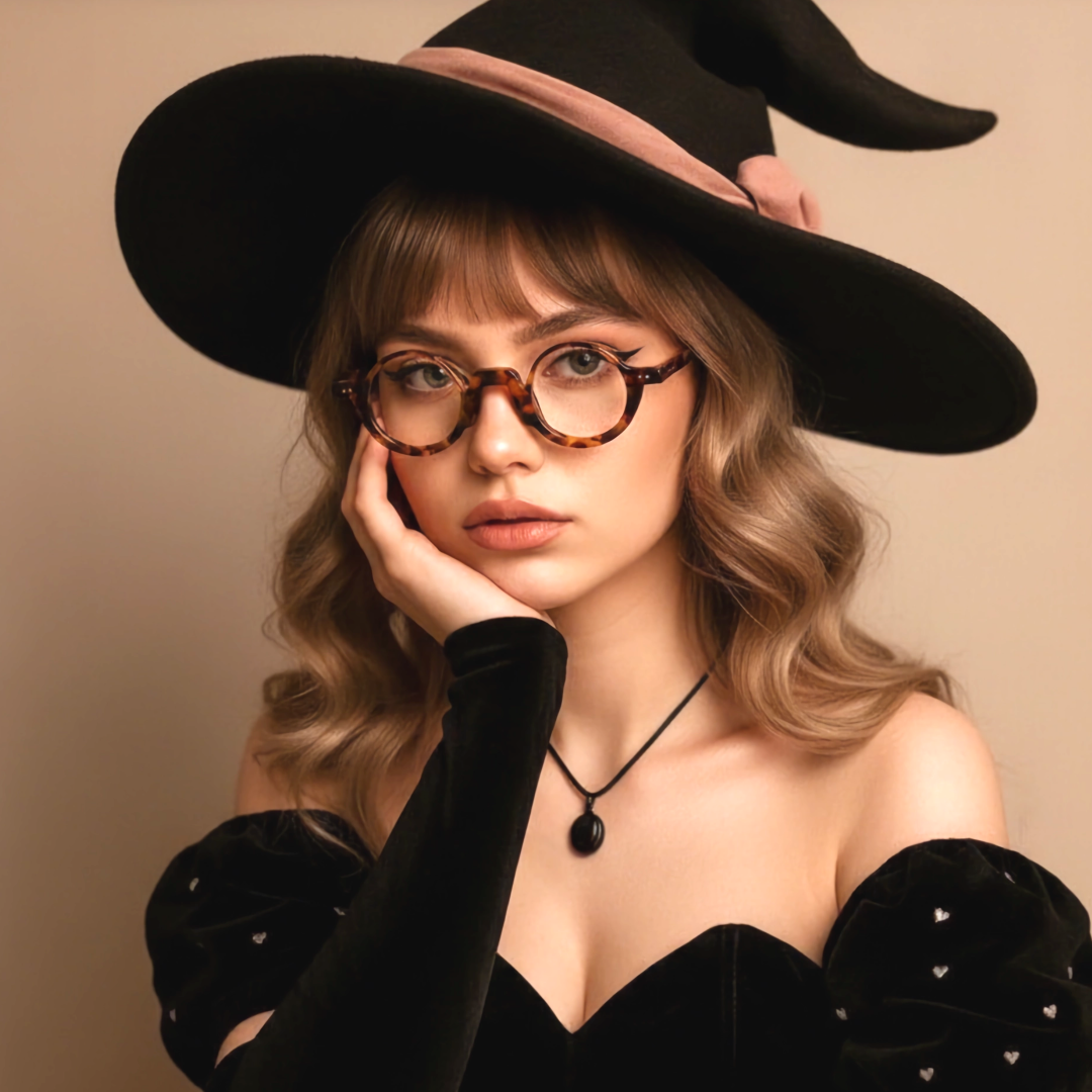 Front view of female wearing vintage tortoise round eyeglasses, resting chin on hand, calm expression, RA0322504