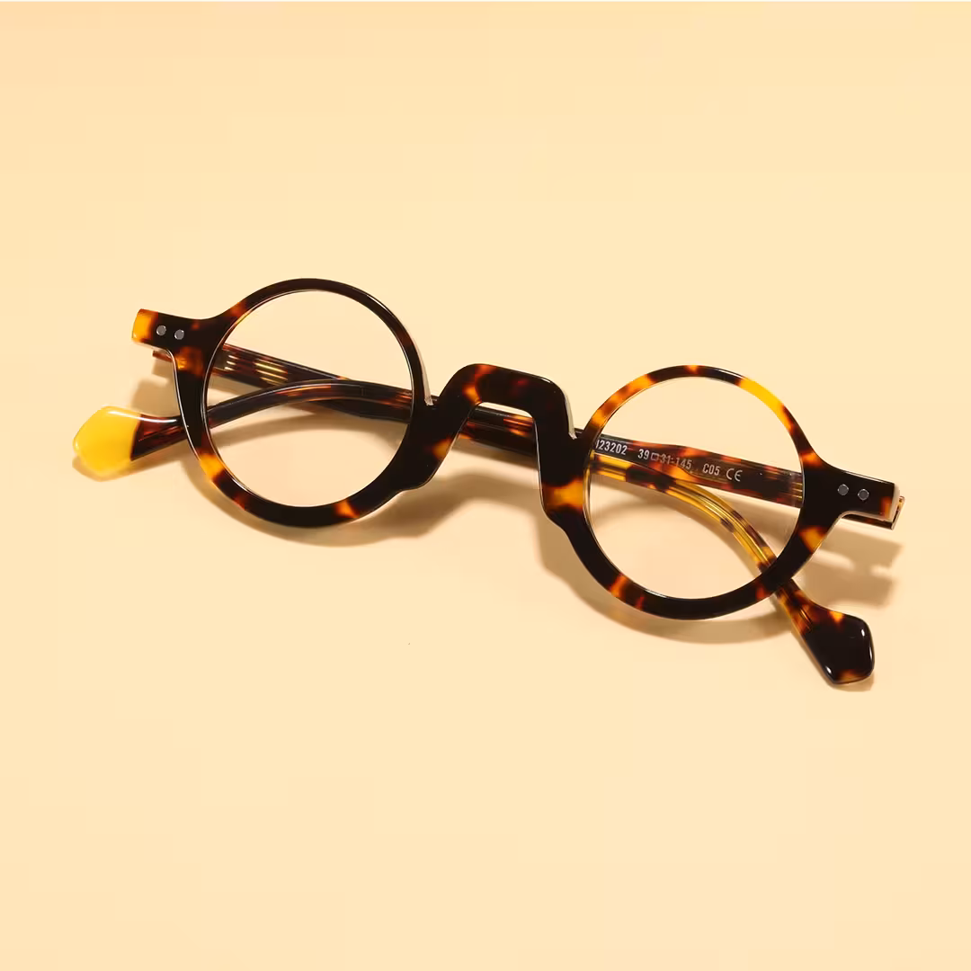 Scene close-up view of Dola vintage round acetate eyeglasses RA0322504 in tortoise