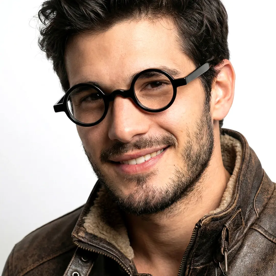 Front view of male wearing vintage black round eyeglasses, tilting head, natural smile, RA0332507