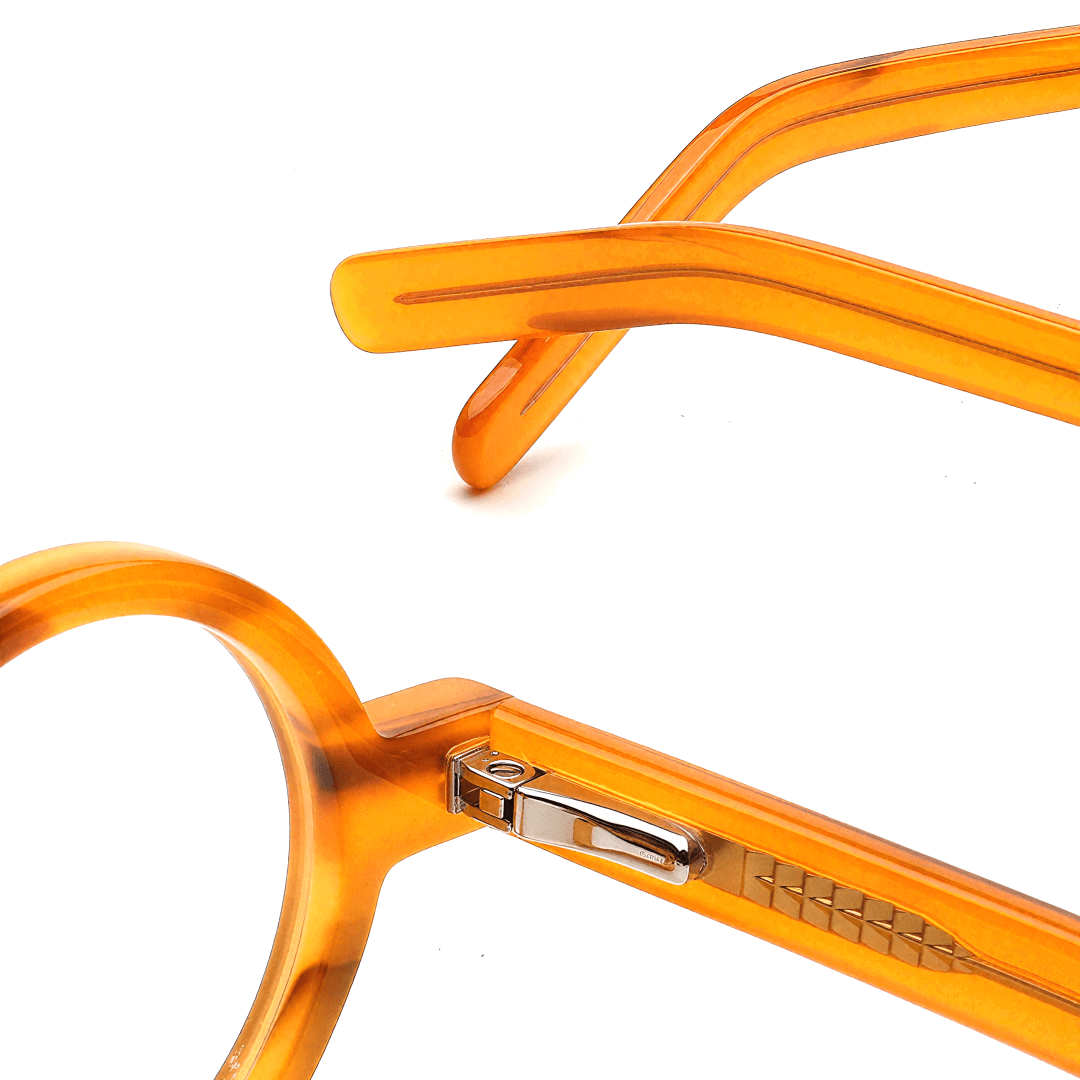 Hinge detail of Zevi round acetate eyeglasses RA0332507 in orange