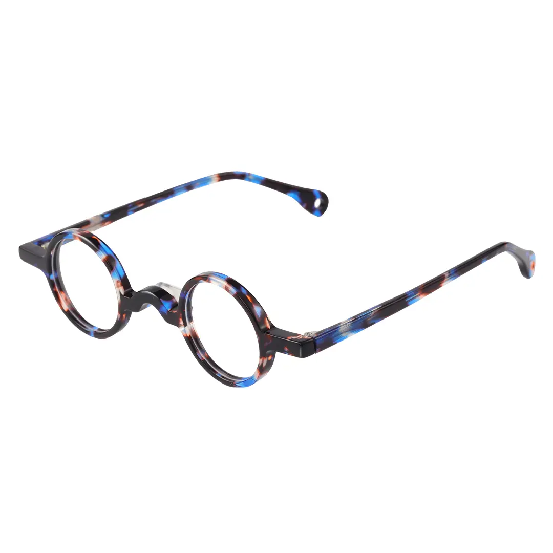 Angle view of Waye vintage round acetate eyeglasses in blue tortoise. SPU: RA0402411