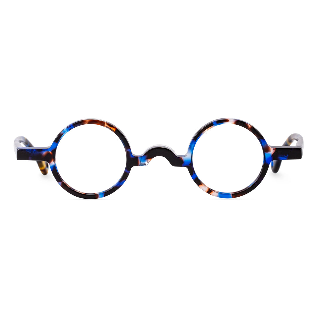 Front view of Waye vintage round acetate eyeglasses in blue tortoise. SPU: RA0402411