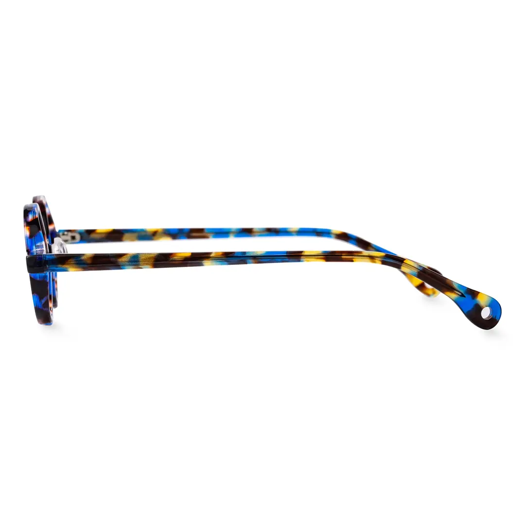 Side view of Waye vintage round acetate eyeglasses in blue tortoise. SPU: RA0402411