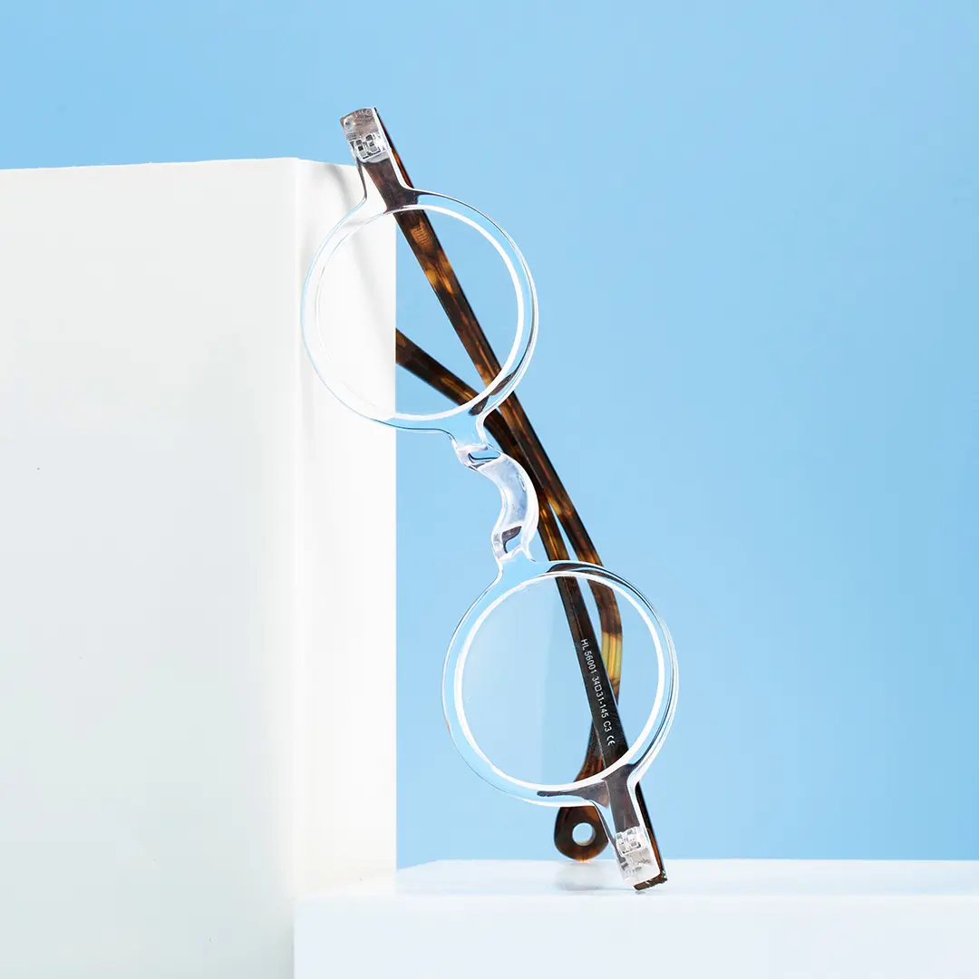 Scene close-up view of Waye vintage round acetate eyeglasses in clear. SPU: RA0402411