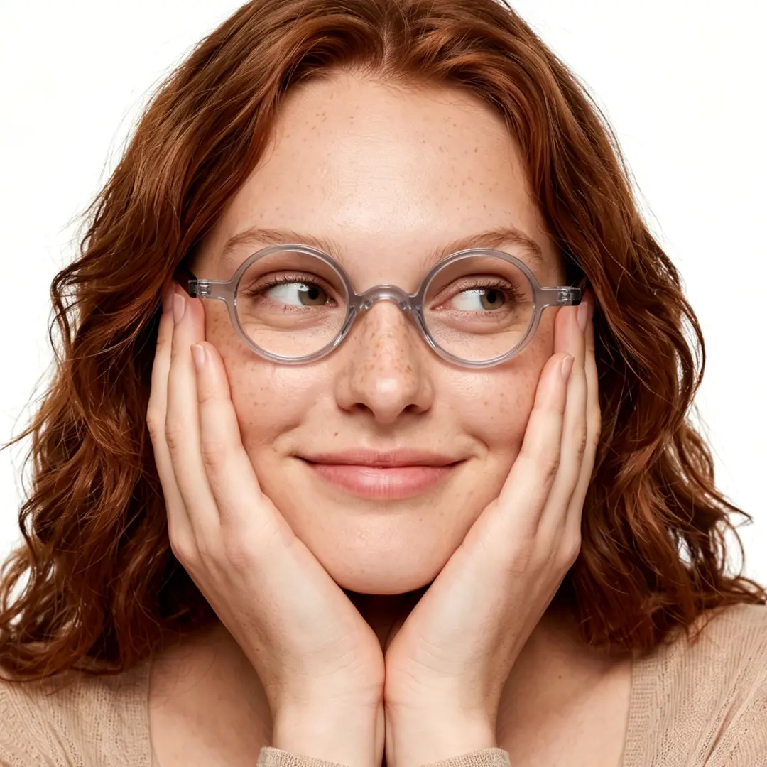 Front view of female wearing vintage grey round eyeglasses, resting chin on hand, natural smile, RA0402411