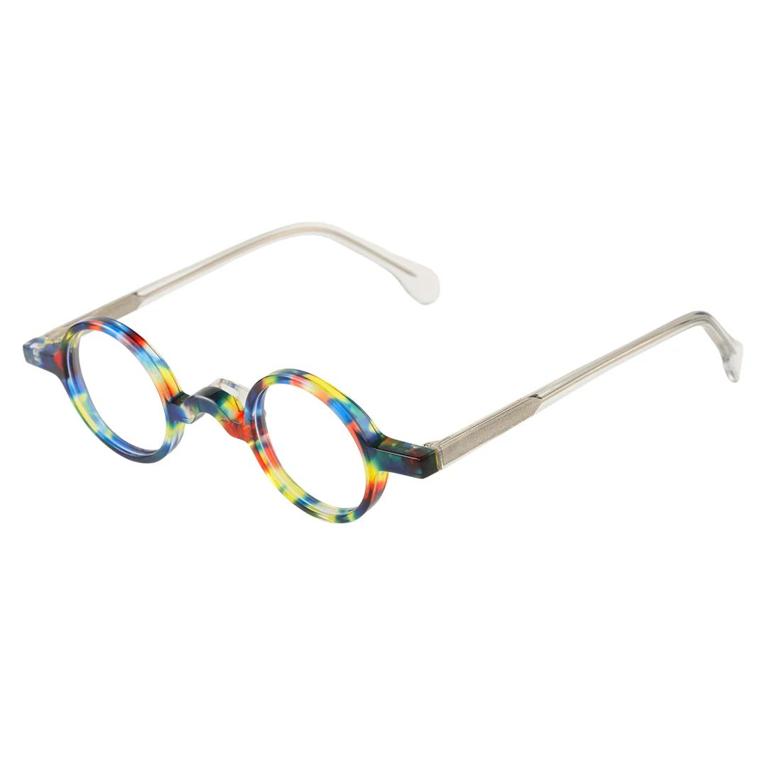 Angle view of Waye vintage round acetate eyeglasses in multicolor. SPU: RA0402411