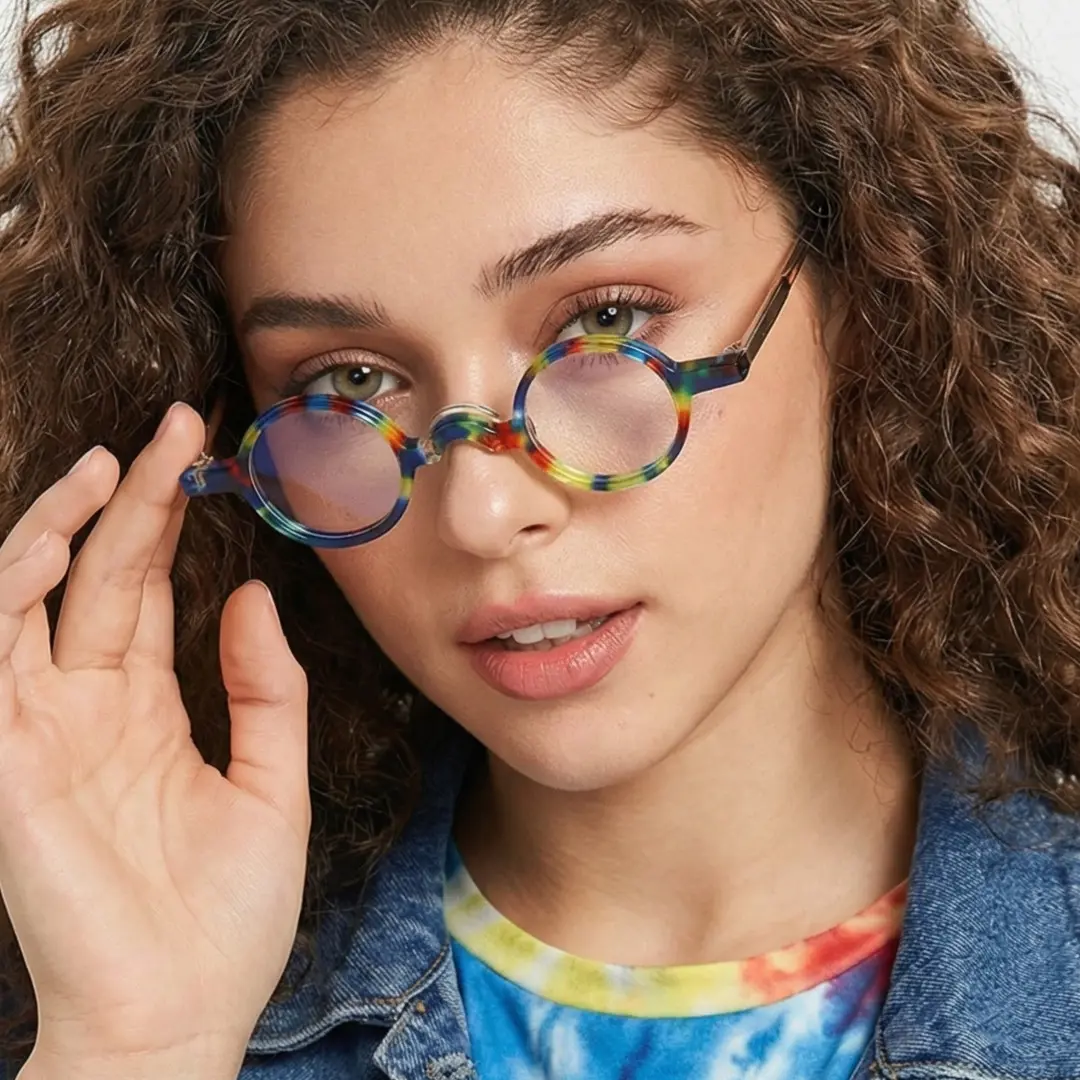 Female wearing vintage multicolor round acetate eyeglasses, friendly smile while touching frame. SPU: RA0402411
