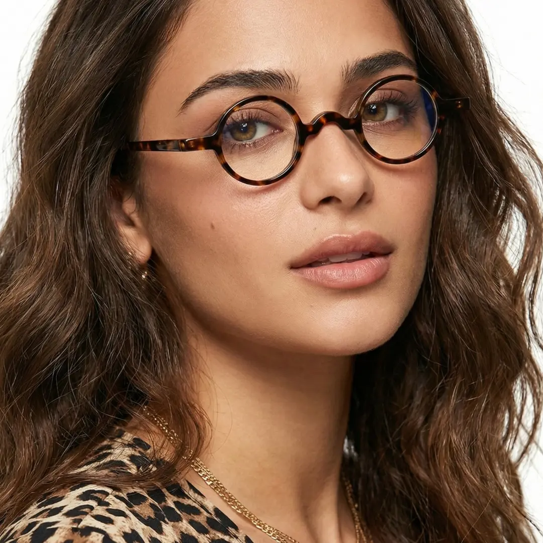 Female wearing vintage tortoise round acetate eyeglasses, natural expression. SPU: RA0402411