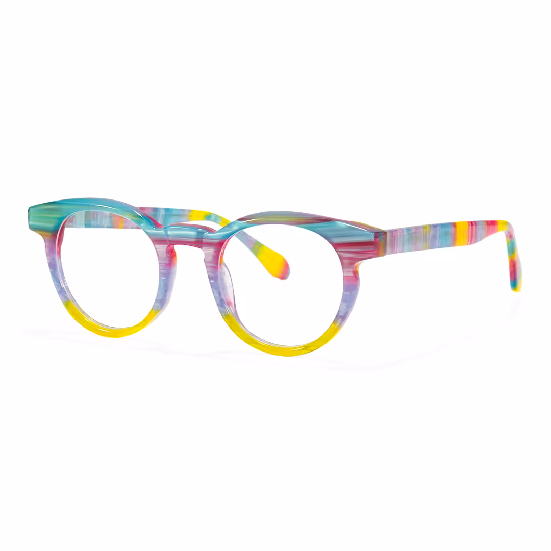 Angle view of Moxie colorful round acetate eyeglasses RA0402605 in multicolor