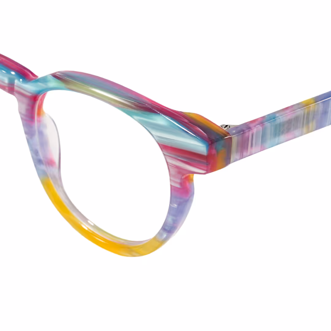 End piece detail of Moxie colorful round acetate eyeglasses RA0402605 in multicolor