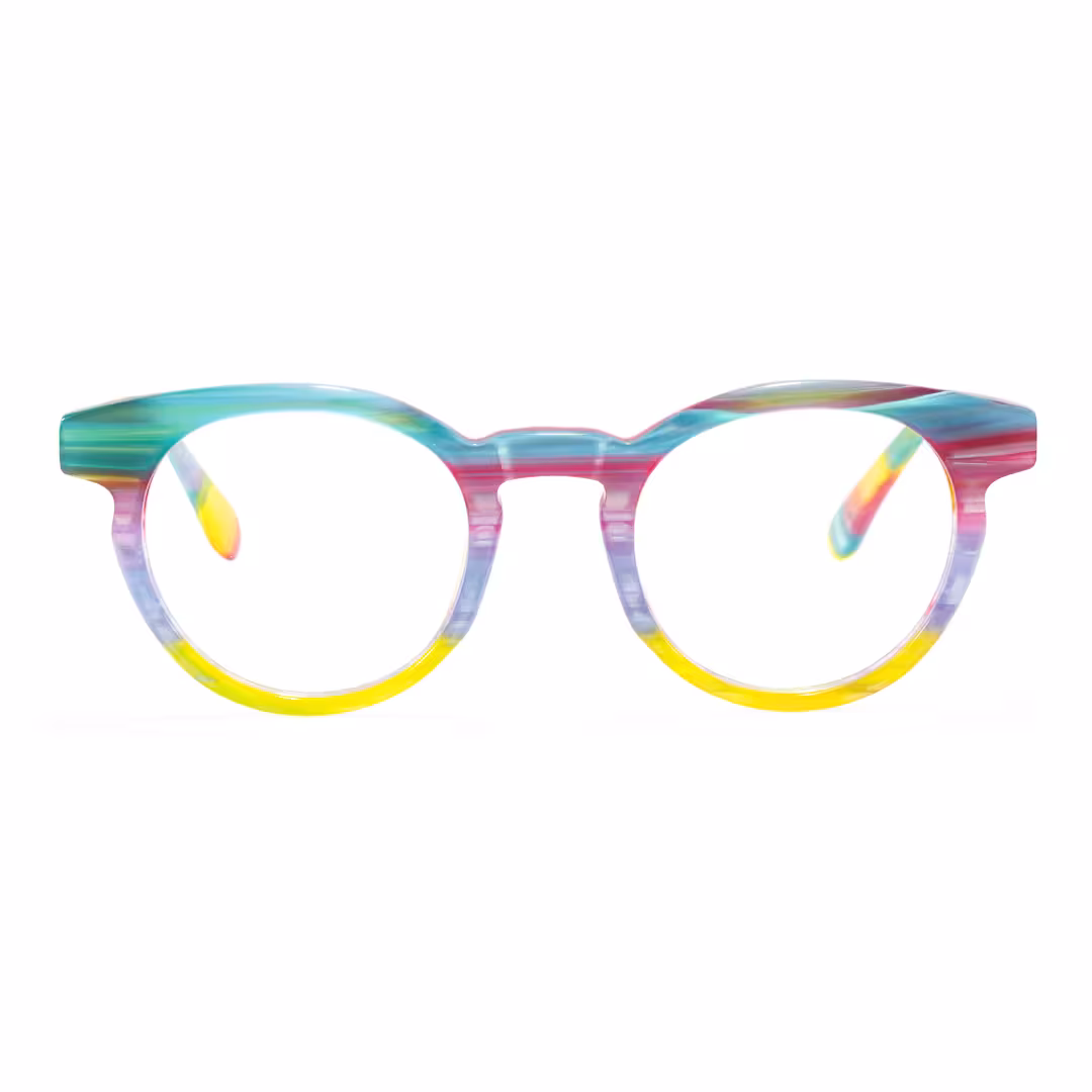 Front view of Moxie colorful round acetate eyeglasses RA0402605 in multicolor