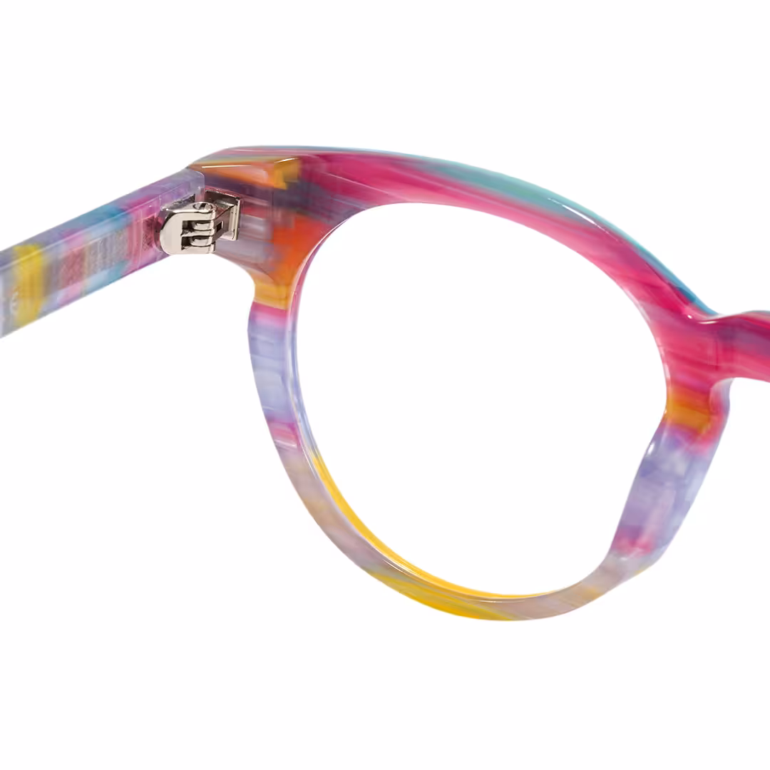 Hinge detail of Moxie colorful round acetate eyeglasses RA0402605 in multicolor