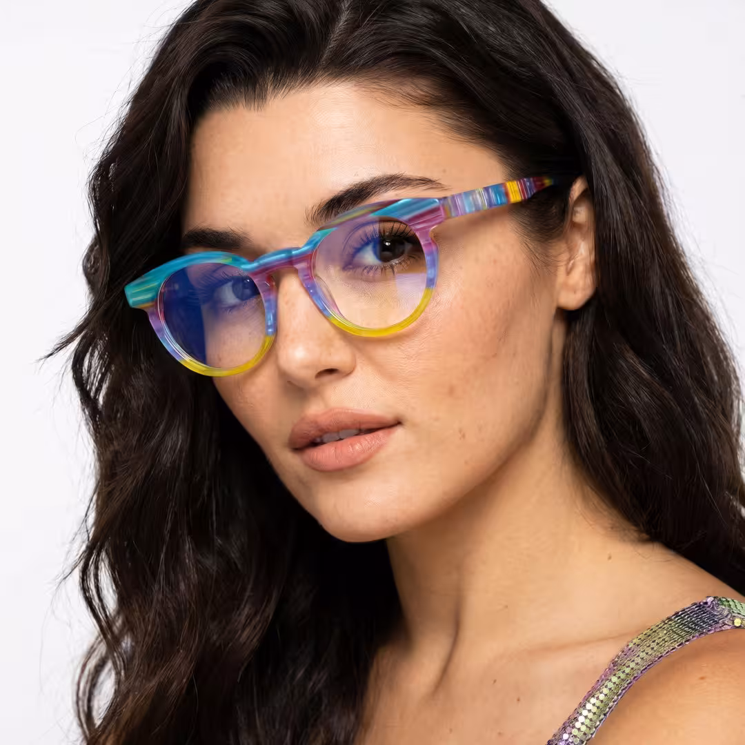 Female wearing colorful multicolor round acetate eyeglasses, natural expression. SPU: RA0402605