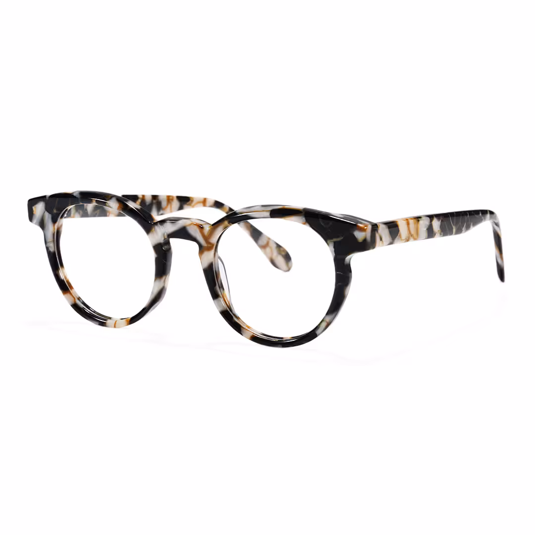 Angle view of Moxie colorful round acetate eyeglasses RA0402605 in tortoise