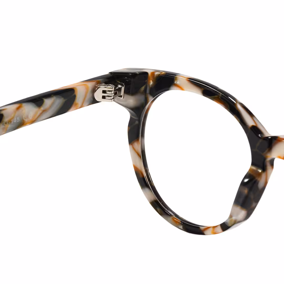 Hinge detail of Moxie colorful round acetate eyeglasses RA0402605 in tortoise