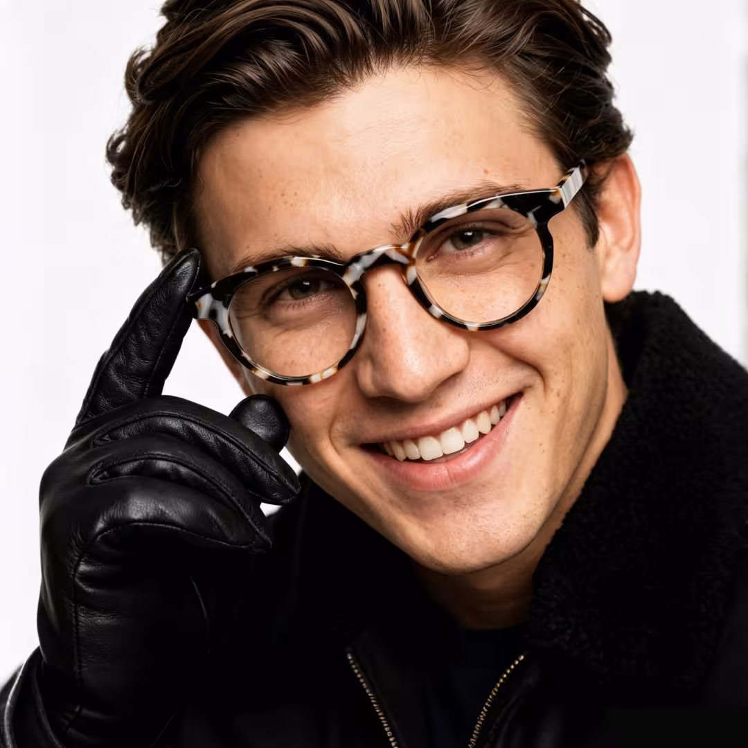 Male wearing colorful tortoise round acetate eyeglasses, smiling while touching frame. SPU: RA0402605