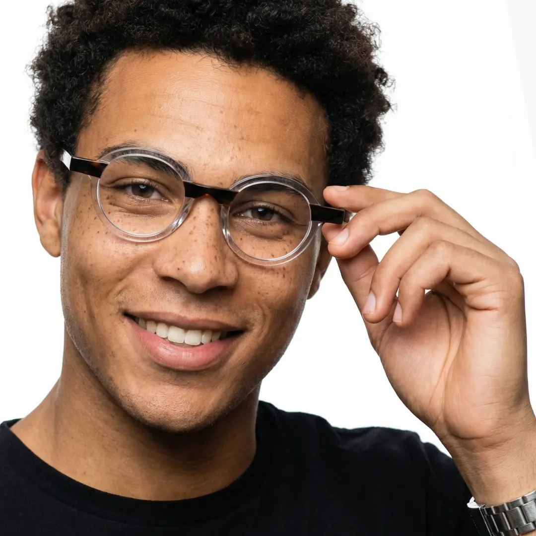 Front view of male wearing vintage clear round eyeglasses, holding glasses, natural smile, RA0412302