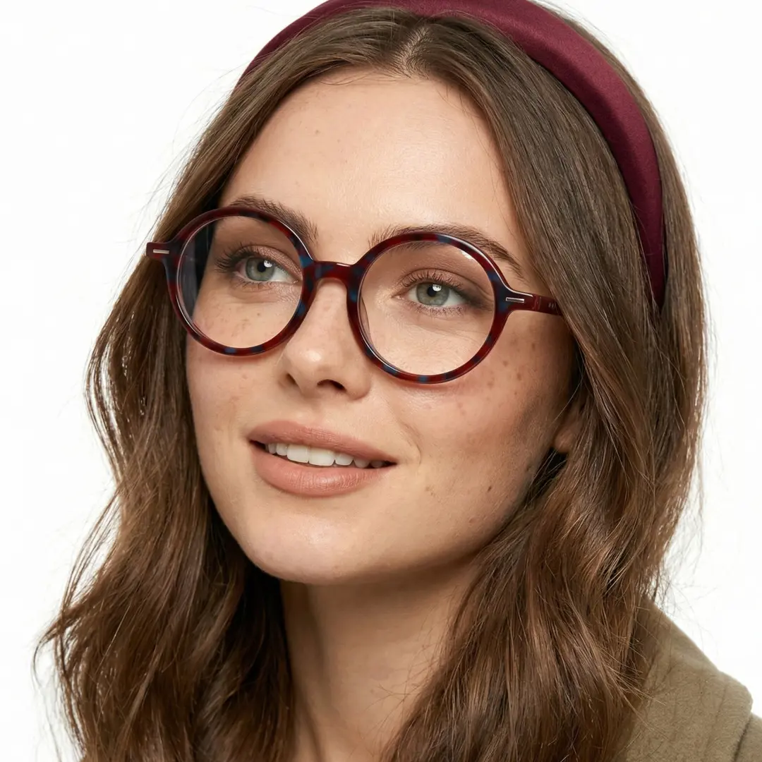 Profile view of female wearing nerd red tortoise round eyeglasses, smiling, RA0562302
