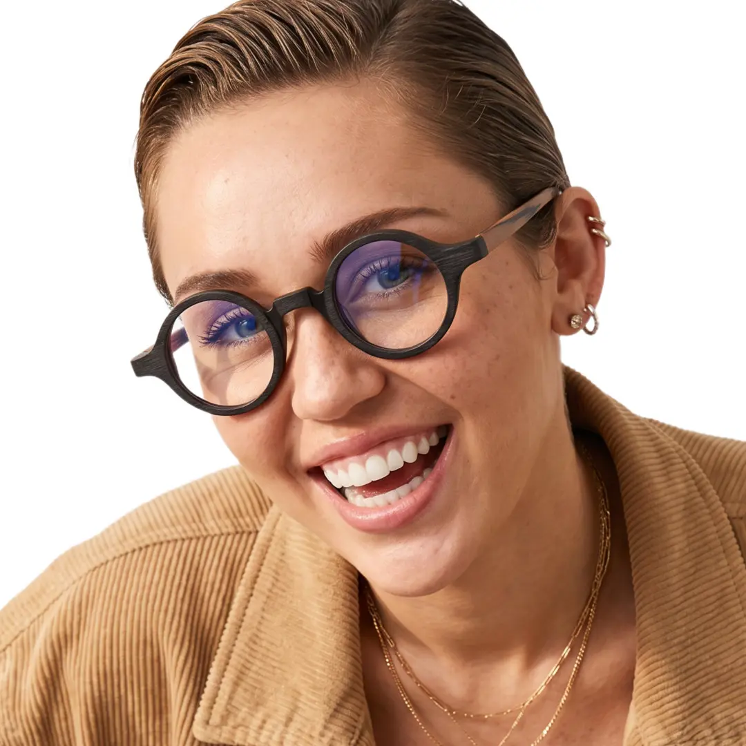 Female wearing vintage black round acetate eyeglasses, natural smile. SPU: RA0572302